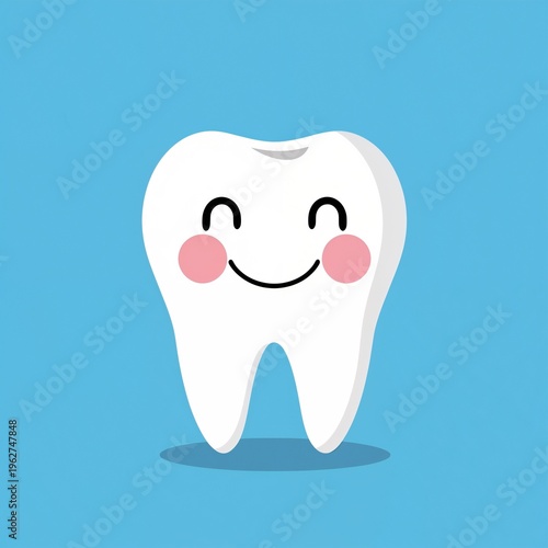 Happy Tooth Character Smiles on a Blue Background With a Simple and Cheerful Design in the Daytime