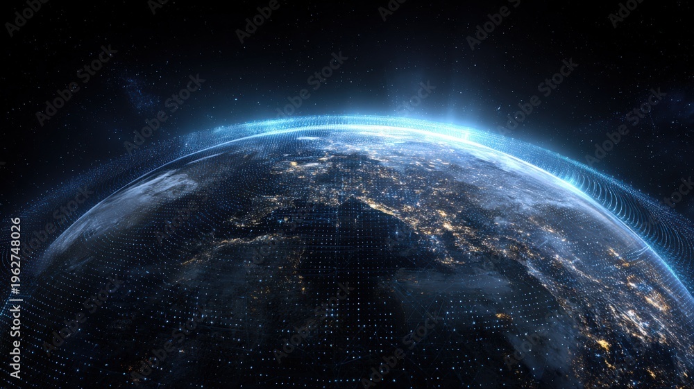Obraz premium Global Connectivity Abstract Visualization: Earth Orbit with Glowing Network for Technology and Innovation Concepts