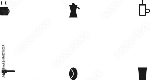 Set of six minimalist black and white coffee icons including a cup moka pot and french press