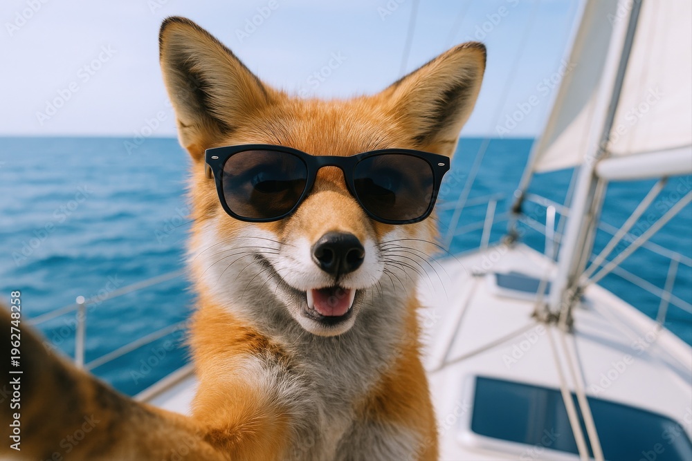 Fototapeta premium Fox in Sunglasses Taking Selfie on Sailboat Enjoying Summer Vacation at Sea