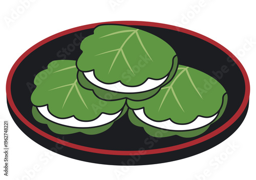 お盆に乗った3個のかしわ餅イラスト 端午の節句や子供の日の素材