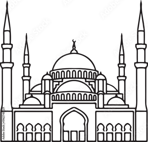Mosque Outline Silhouette Islamic Architecture Line Art Vector Illustration