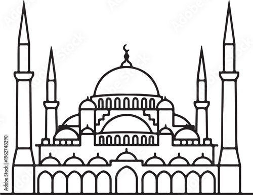 Mosque Outline Silhouette Islamic Architecture Line Art Vector Illustration