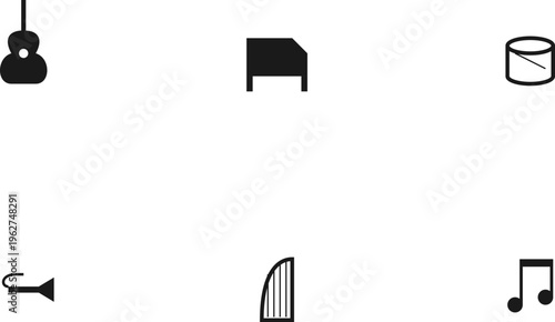 A collection of black musical instrument icons including a guitar piano drum trumpet and harp.
