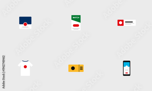 Collection of flat vector icons for a football match including a jersey ticket and mobile app