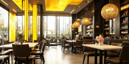 A futuristic dining room with floating tables, glass walls, and Saffron Yellow lighting, evoking warmth, creativity, and bold design.