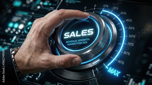 A hand turns a glowing sales control knob on a futuristic digital dashboard towards maximum revenue growth and marketing return on investment