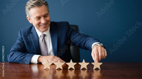 Happy professional man placing wooden stars on a polished desk in a modern office with a blue wall symbolizing top quality and excellent service