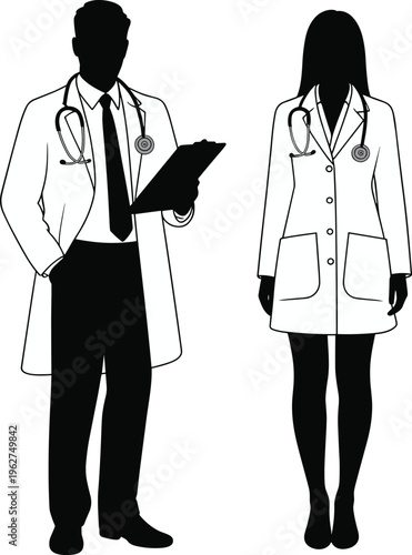 Doctor silhouettes male and female with stethoscope clipboard, healthcare professionals concept isolated black vector illustration for medical design use