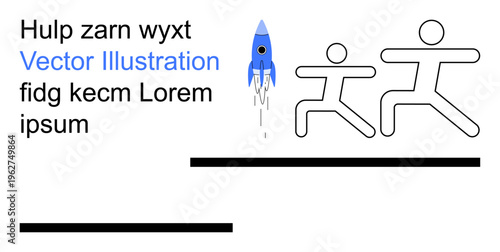 Technology, innovation, team effort, success, startup, motion. Rocket launching by two running stick figures and scattered text. Technology and innovation theme