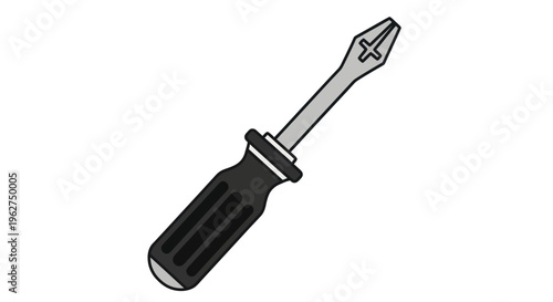 Screwdriver with black handle and metal shaft.
