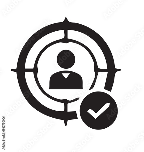 Black vector icon of a targeted user profile with checkmark, user target, profile icon, verification symbol