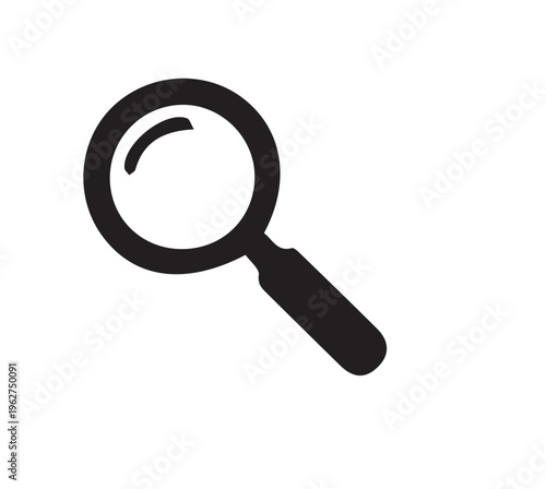 Black magnifying glass icon, search symbol, vector magnifier, inspection tool
