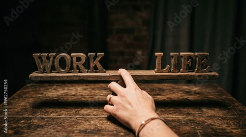 Human hand balancing wooden WORK and LIFE letters on a rustic table symbolizing work life harmony with dramatic lighting