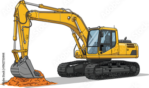 Excavator digging soil, heavy construction machine working on site, detailed yellow crawler equipment isolated vector illustration on white background