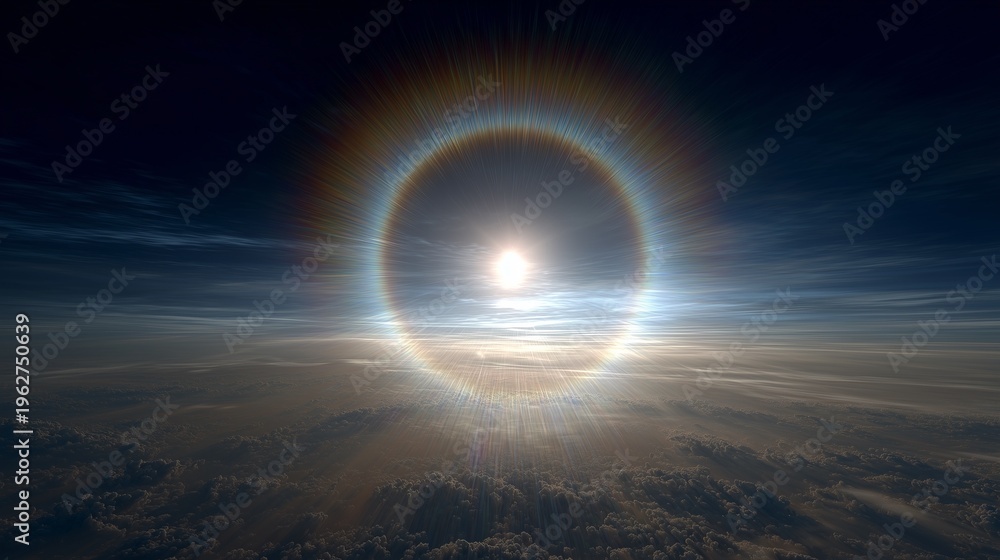 Obraz premium Sun halo around bright light above clouds in atmospheric sky