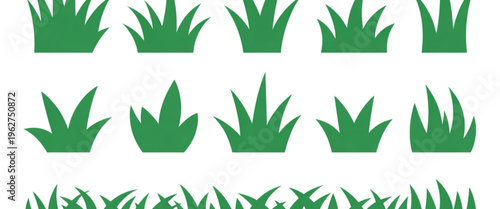 A collection of green grass blades arranged in a visually pleasing and organized manner to depict various styles and lengths of grass isolated on transparent background