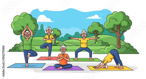 People practice yoga on colorful mats outdoors in a park with trees