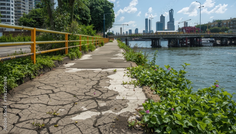 Fototapeta premium Damaged pavement on a bridge featuring a yellow guard and plants