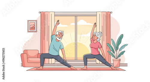 Two people are stretching in a living room with a window