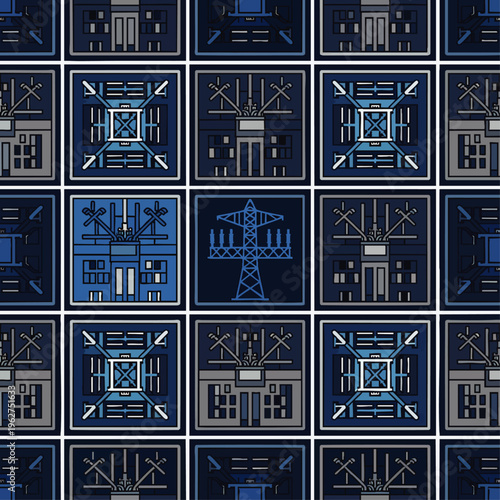 Seamless pattern of industrial electrical power substations and transmission towers in a geometric, abstract style.