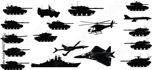 military vehicle silhouettes collection tanks helicopter fighter jet war equipment army transport isolated on white background vector illustration set