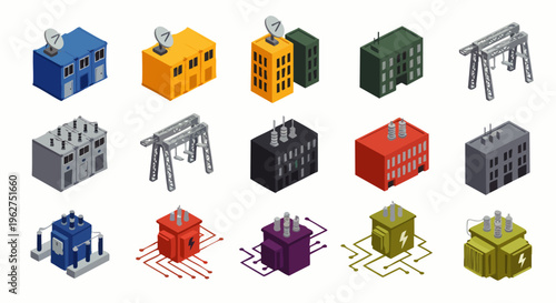 Isometric Industrial Buildings and Structures Collection: Factories, Power Plants, and Substations
