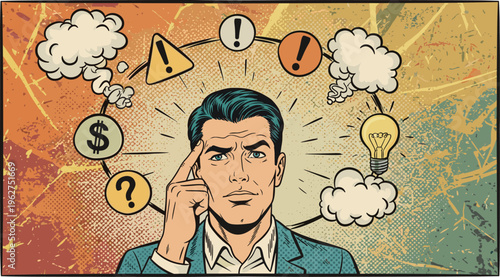 Businessman thinking process, creative brainstorming ideas, problem solving concept, decision making symbols, pop art style, flat vector illustration