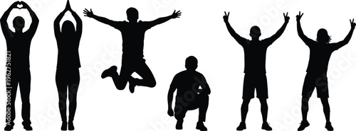 people cheering silhouettes set, happy men and women raising hands jumping and victory gestures celebration concept illustration isolated collection