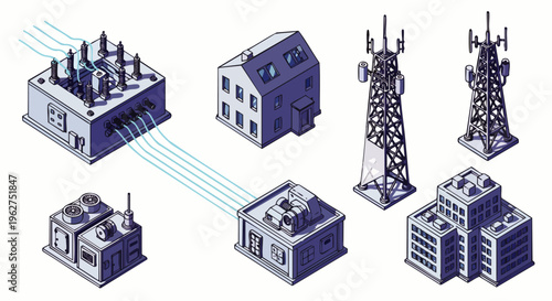 Isometric telecommunication network infrastructure. Data centers, homes, offices, and cell towers connected for global digital connectivity.
