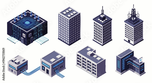 Isometric vector buildings: modern office towers, industrial factories, and high-tech data centers. Perfect for urban planning, business, and tech designs.