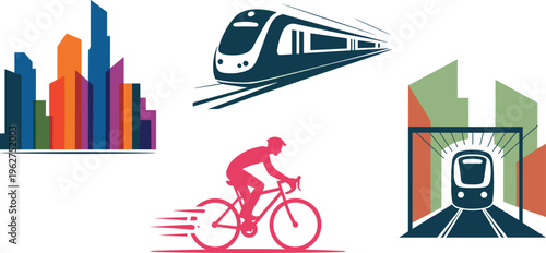 Urban transport and city elements set, train bicycle and skyline icons, modern mobility concept vector illustration isolated on white