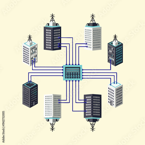 Digital network hub connecting various urban buildings with antennas, symbolizing global communication, data exchange, and smart city infrastructure.
