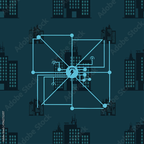Smart city energy grid network connecting urban buildings, modern power distribution system illustration, sustainable urban infrastructure technology concept.