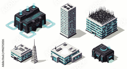 Isometric set of modern technology buildings, data centers, server farms, communication towers, and smart city infrastructure elements.