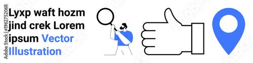 Navigation tools, location services, user review systems, customer feedback, exploration, map features. Man with magnifying glass, thumbs up location pin. Navigation tools and location services