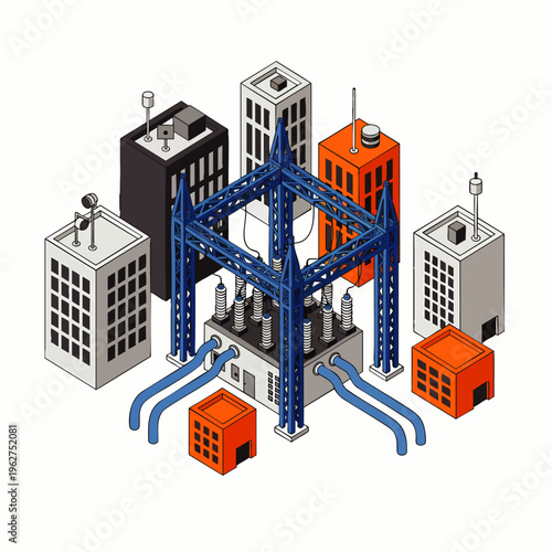 Isometric smart city concept illustrating interconnected urban infrastructure, data network, and power distribution for modern technological development.