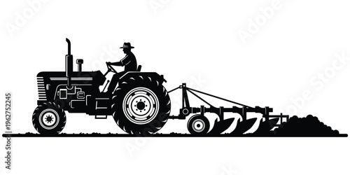 Farmer driving tractor silhouette, plowing soil furrows, agricultural work cultivation, rural farming productivity concept, countryside life design, flat vector illustration