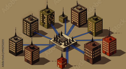 Isometric network of connected buildings, representing a decentralized system or business hub, concept illustration