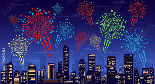 Vibrant fireworks explode over a lit city skyline at night celebrating a festive occasion with colorful bursts in the evening sky