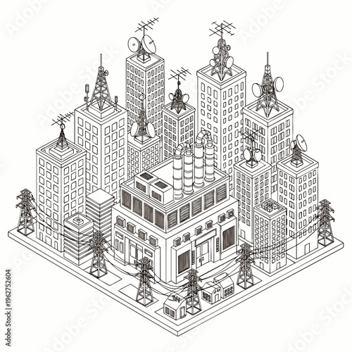 Isometric line art city: skyscrapers, communication towers, industrial factory, and power grid infrastructure. Urban development and technological connectivity.