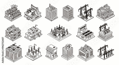 Isometric industrial buildings, factories, and energy infrastructure icons. Line art vector set of power plants, oil rigs, and manufacturing facilities.