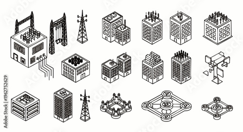Isometric building icons and symbols set. Modern architecture and infrastructure elements in a clean line art style.