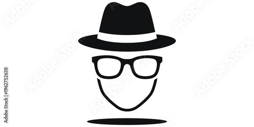 Incognito face icon design, fedora hat glasses, anonymity privacy symbol, secret identity concept, minimalist abstract style, flat vector illustration