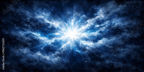 An abstract blue space background with stars and texture featuring a stormy sky of dark clouds and sun light through a heavenly cloudscape atmosphere
