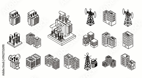 Isometric line art vector icons of city buildings, industrial facilities, power stations, communication towers, and urban infrastructure elements.