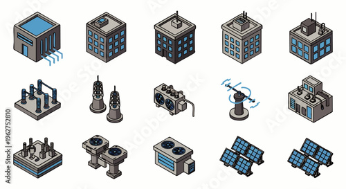 Isometric pixel art industrial buildings and factory icons set. Retro 8-bit game style collection of power plants, solar panels, and urban infrastructure elements.