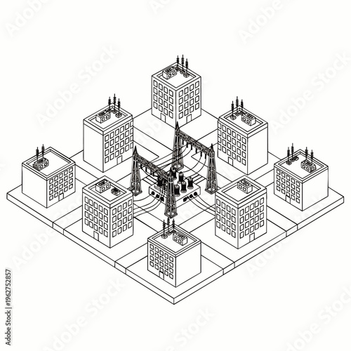 Isometric line art illustration of an urban power grid connecting multiple city buildings, depicting electricity distribution and modern energy infrastructure network.