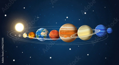 Planets in our solar system orbiting the sun with stars in space astronomy and science concept