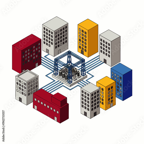 Isometric city buildings connected to a central data hub, representing a smart city network, urban infrastructure, and digital transformation concept.